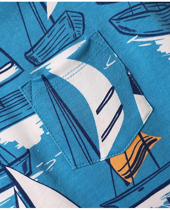Babyhug Single Jersey Knit Nautical Theme Print Dunagaree & Half Sleeves Inner Tee - Blue