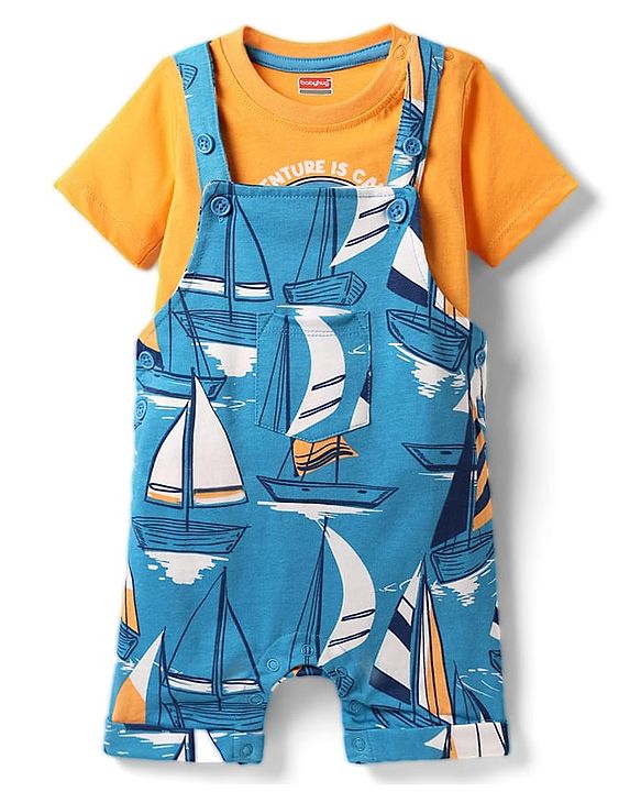 Babyhug Single Jersey Knit Nautical Theme Print Dunagaree & Half Sleeves Inner Tee - Blue