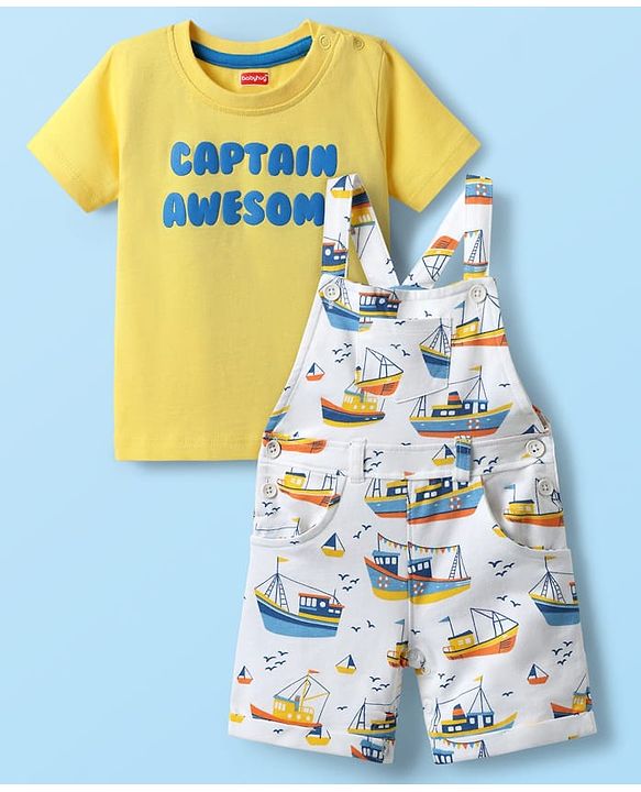 Babyhug Single Jersey Knit Dungaree & Half Sleeves T-Shirt With Boat Print - White & Yellow