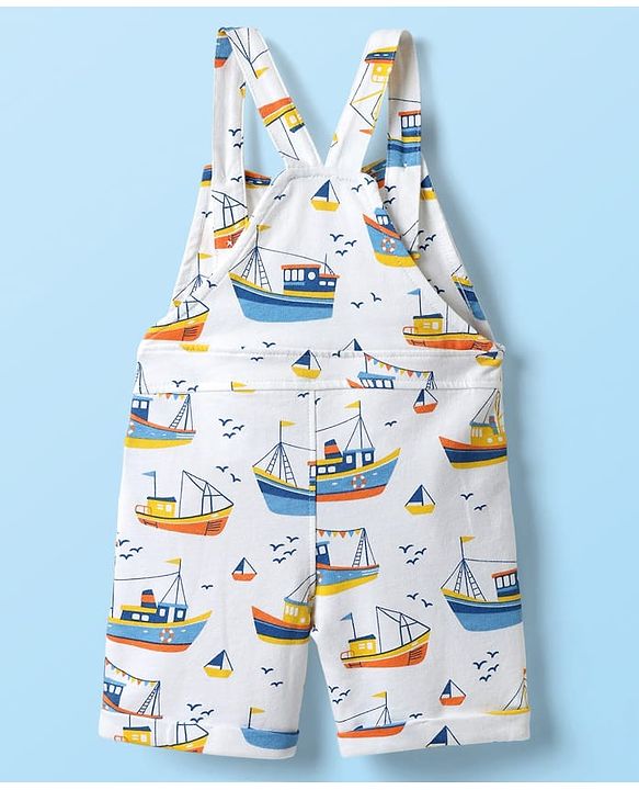 Babyhug Single Jersey Knit Dungaree & Half Sleeves T-Shirt With Boat Print - White & Yellow
