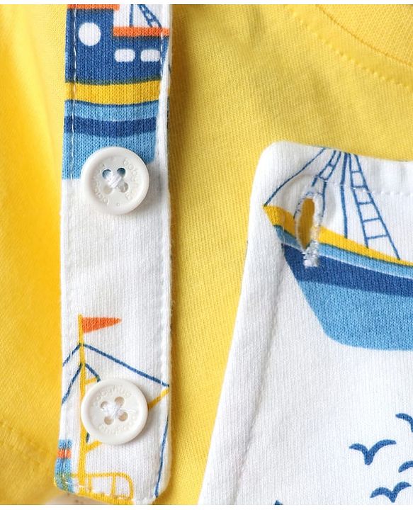 Babyhug Single Jersey Knit Dungaree & Half Sleeves T-Shirt With Boat Print - White & Yellow