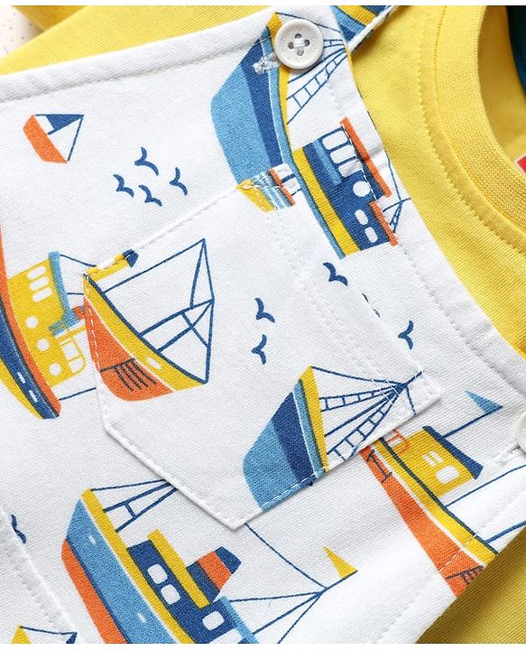 Babyhug Single Jersey Knit Dungaree & Half Sleeves T-Shirt With Boat Print - White & Yellow
