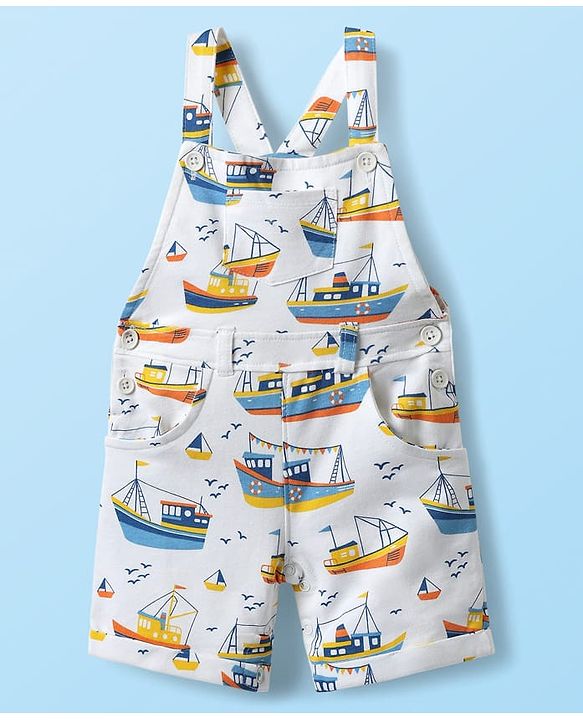 Babyhug Single Jersey Knit Dungaree & Half Sleeves T-Shirt With Boat Print - White & Yellow