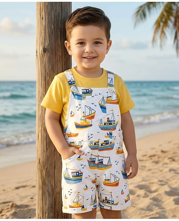 Babyhug Single Jersey Knit Dungaree & Half Sleeves T-Shirt With Boat Print - White & Yellow