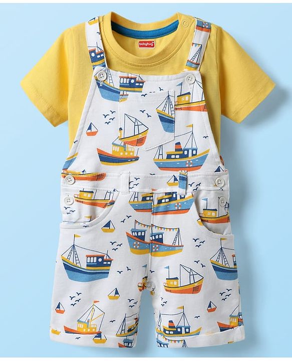 Babyhug Single Jersey Knit Dungaree & Half Sleeves T-Shirt With Boat Print - White & Yellow