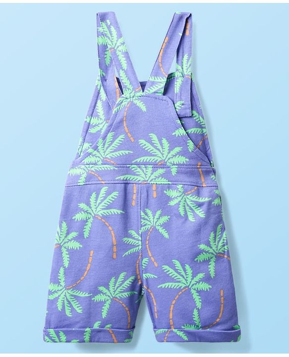 Babyhug Single Jersey Knit Dungaree & Half Sleeves Polo Inner Tee With Tree Print - Blue & White