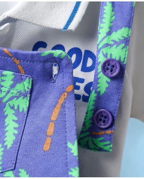 Babyhug Single Jersey Knit Dungaree & Half Sleeves Polo Inner Tee With Tree Print - Blue & White