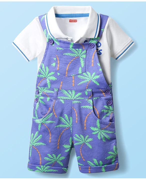 Babyhug Single Jersey Knit Dungaree & Half Sleeves Polo Inner Tee With Tree Print - Blue & White