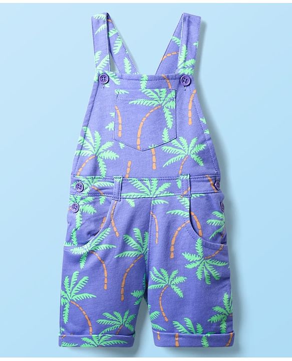 Babyhug Single Jersey Knit Dungaree & Half Sleeves Polo Inner Tee With Tree Print - Blue & White