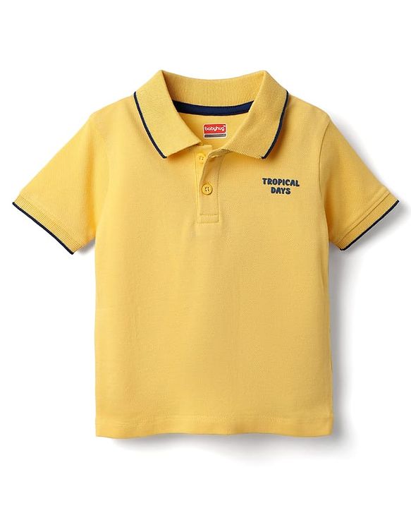 Babyhug Single Jersey Knit Half Sleeves Polo T-Shirt & Dungaree With Beach Theme Print - Yellow & Blue