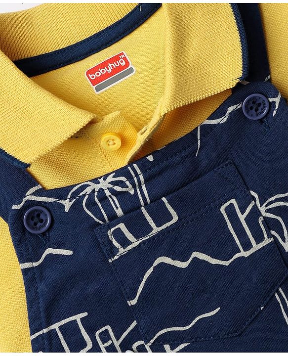 Babyhug Single Jersey Knit Half Sleeves Polo T-Shirt & Dungaree With Beach Theme Print - Yellow & Blue