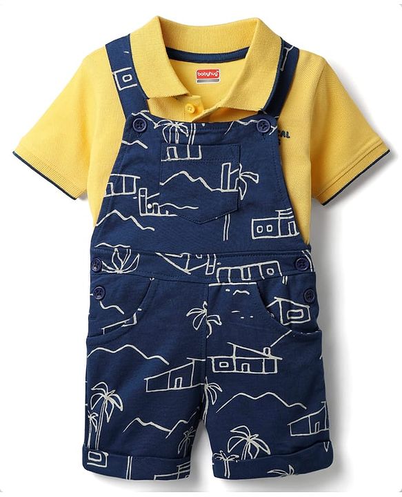 Babyhug Single Jersey Knit Half Sleeves Polo T-Shirt & Dungaree With Beach Theme Print - Yellow & Blue