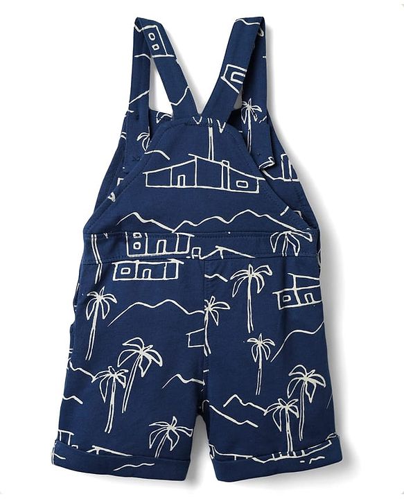 Babyhug Single Jersey Knit Half Sleeves Polo T-Shirt & Dungaree With Beach Theme Print - Yellow & Blue