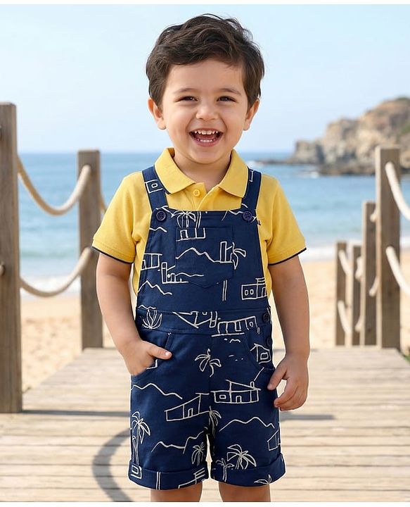 Babyhug Single Jersey Knit Half Sleeves Polo T-Shirt & Dungaree With Beach Theme Print - Yellow & Blue