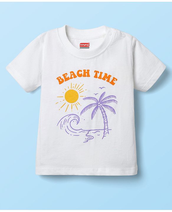 Babyhug Single Jersey Knit Half Sleeves T-Shirt & Dungaree With Beach Theme Print - Yellow & White