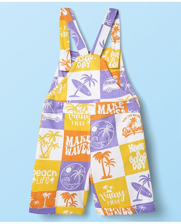 Babyhug Single Jersey Knit Half Sleeves T-Shirt & Dungaree With Beach Theme Print - Yellow & White