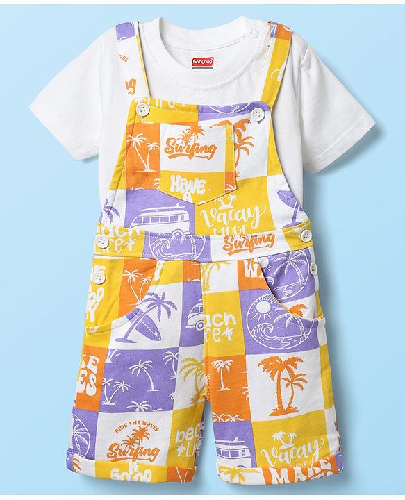 Babyhug Single Jersey Knit Half Sleeves T-Shirt & Dungaree With Beach Theme Print - Yellow & White