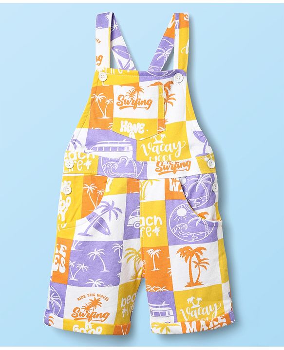 Babyhug Single Jersey Knit Half Sleeves T-Shirt & Dungaree With Beach Theme Print - Yellow & White