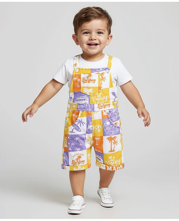 Babyhug Single Jersey Knit Half Sleeves T-Shirt & Dungaree With Beach Theme Print - Yellow & White