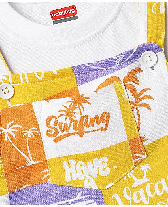 Babyhug Single Jersey Knit Half Sleeves T-Shirt & Dungaree With Beach Theme Print - Yellow & White