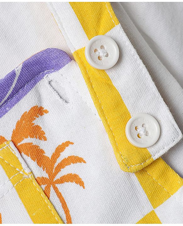 Babyhug Single Jersey Knit Half Sleeves T-Shirt & Dungaree With Beach Theme Print - Yellow & White