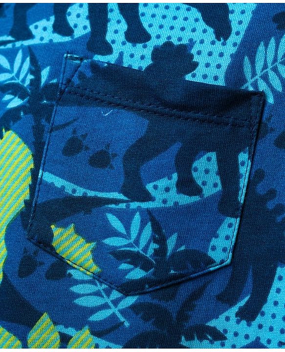 Babyhug Single Jersey Knit Dungaree & Half Sleeves Polo Inner Tee With Dino Print - Blue & Green