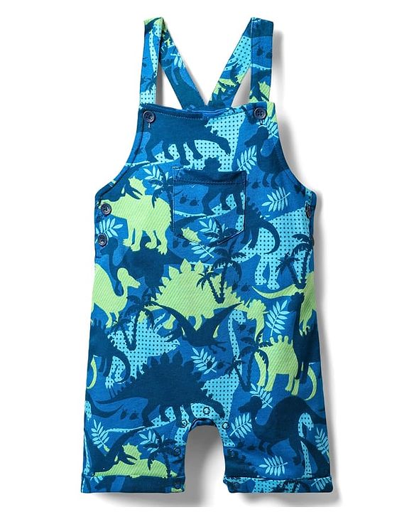 Babyhug Single Jersey Knit Dungaree & Half Sleeves Polo Inner Tee With Dino Print - Blue & Green