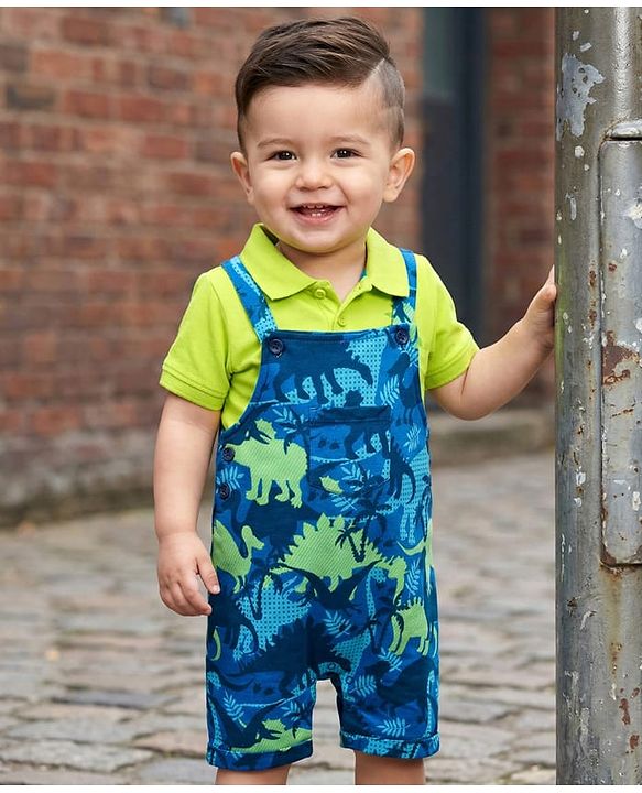 Babyhug Single Jersey Knit Dungaree & Half Sleeves Polo Inner Tee With Dino Print - Blue & Green