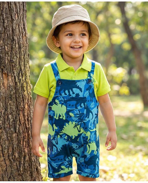Babyhug Single Jersey Knit Dungaree & Half Sleeves Polo Inner Tee With Dino Print - Blue & Green