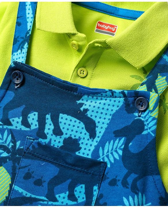 Babyhug Single Jersey Knit Dungaree & Half Sleeves Polo Inner Tee With Dino Print - Blue & Green