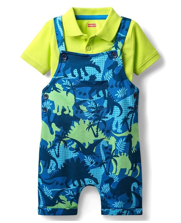 Babyhug Single Jersey Knit Dungaree & Half Sleeves Polo Inner Tee With Dino Print - Blue & Green