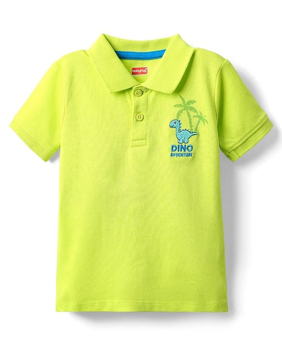 Babyhug Single Jersey Knit Dungaree & Half Sleeves Polo Inner Tee With Dino Print - Blue & Green