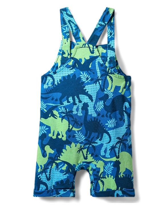 Babyhug Single Jersey Knit Dungaree & Half Sleeves Polo Inner Tee With Dino Print - Blue & Green