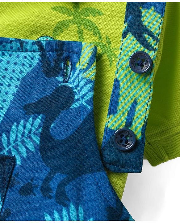 Babyhug Single Jersey Knit Dungaree & Half Sleeves Polo Inner Tee With Dino Print - Blue & Green