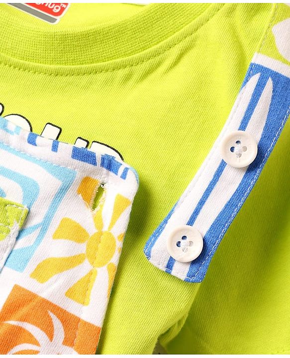 Babyhug Single Jersey Knit Dungaree & Half Sleeves T-Shirt With Tropical Theme Print - White & Green
