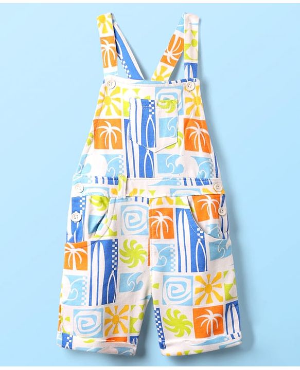 Babyhug Single Jersey Knit Dungaree & Half Sleeves T-Shirt With Tropical Theme Print - White & Green