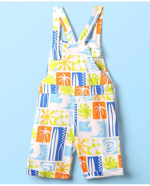 Babyhug Single Jersey Knit Dungaree & Half Sleeves T-Shirt With Tropical Theme Print - White & Green