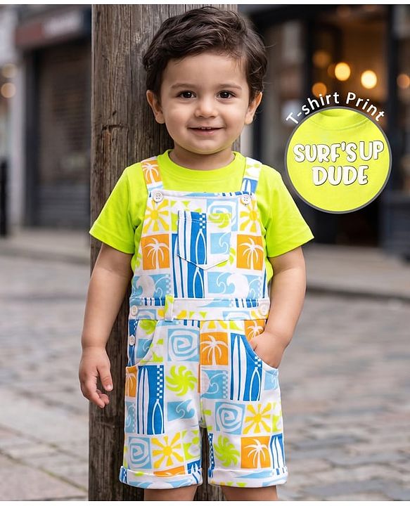 Babyhug Single Jersey Knit Dungaree & Half Sleeves T-Shirt With Tropical Theme Print - White & Green