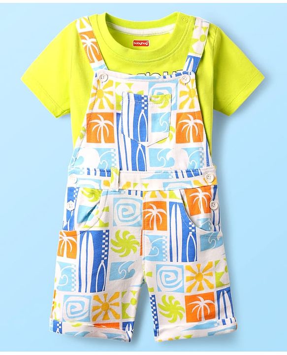 Babyhug Single Jersey Knit Dungaree & Half Sleeves T-Shirt With Tropical Theme Print - White & Green