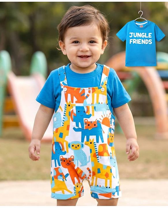 Babyhug Single Jersey Knit Half Sleeves T-Shirt & Dungaree With Animal Print - Yellow & Blue