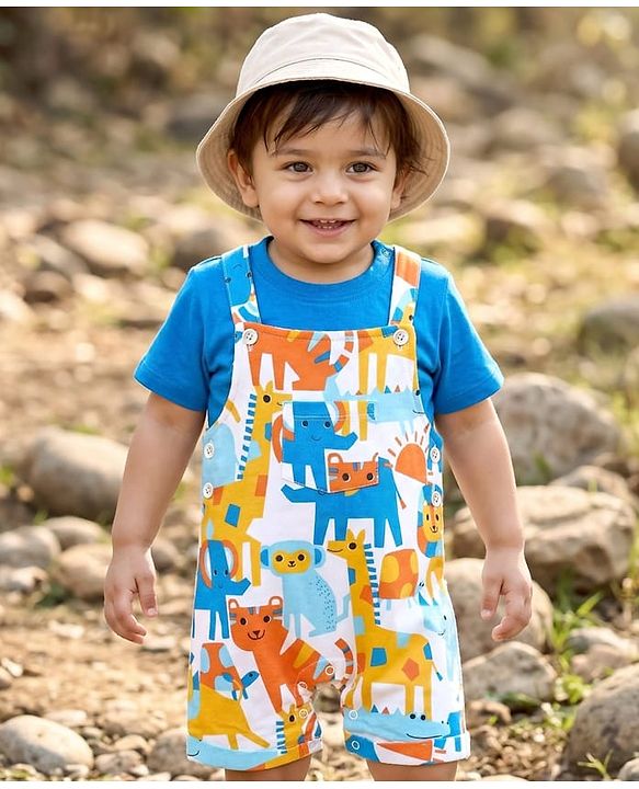 Babyhug Single Jersey Knit Half Sleeves T-Shirt & Dungaree With Animal Print - Yellow & Blue