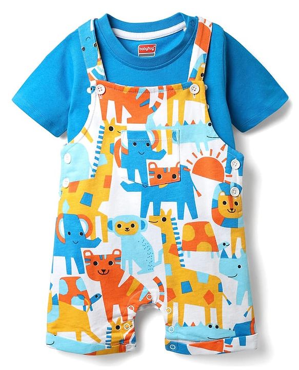 Babyhug Single Jersey Knit Half Sleeves T-Shirt & Dungaree With Animal Print - Yellow & Blue