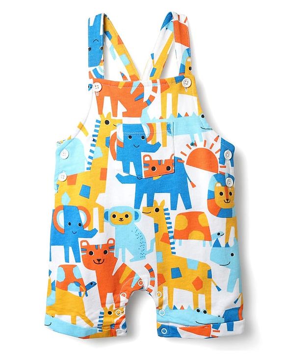 Babyhug Single Jersey Knit Half Sleeves T-Shirt & Dungaree With Animal Print - Yellow & Blue
