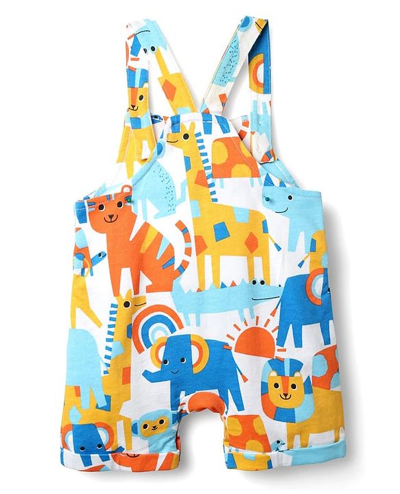 Babyhug Single Jersey Knit Half Sleeves T-Shirt & Dungaree With Animal Print - Yellow & Blue