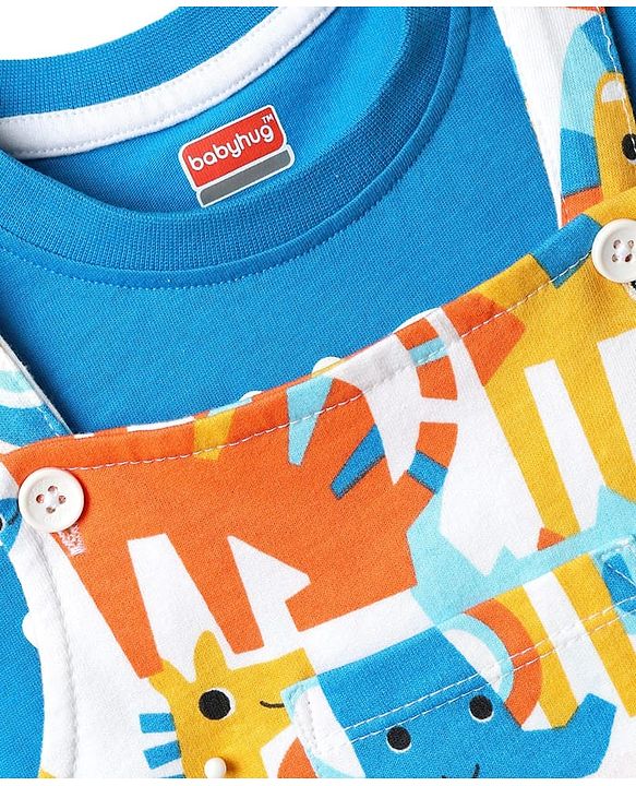 Babyhug Single Jersey Knit Half Sleeves T-Shirt & Dungaree With Animal Print - Yellow & Blue