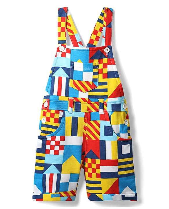 Babyhug Single Jersey Knit Printed Dungaree & Half Sleeves T-Shirt - Blue