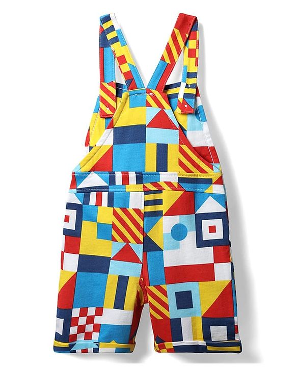 Babyhug Single Jersey Knit Printed Dungaree & Half Sleeves T-Shirt - Blue