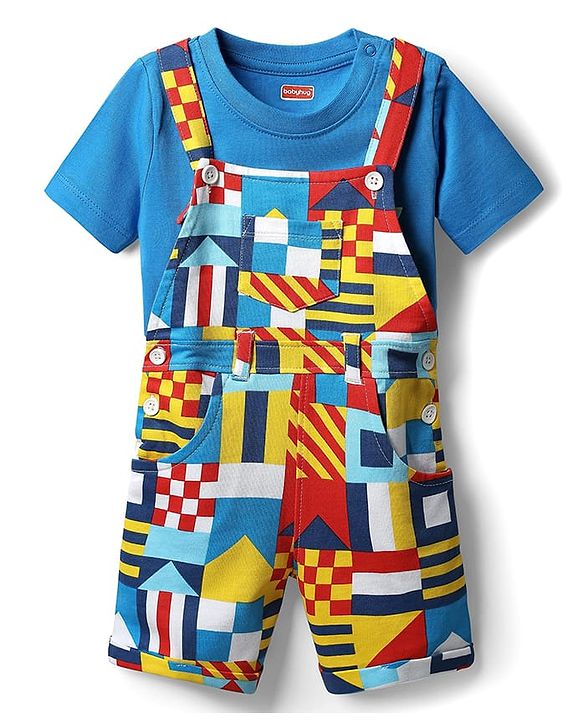 Babyhug Single Jersey Knit Printed Dungaree & Half Sleeves T-Shirt - Blue