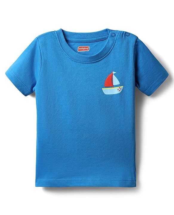 Babyhug Single Jersey Knit Printed Dungaree & Half Sleeves T-Shirt - Blue