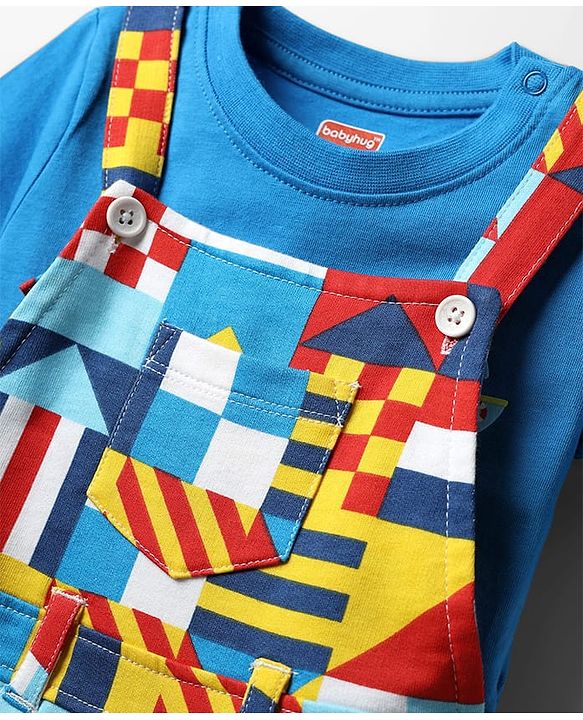 Babyhug Single Jersey Knit Printed Dungaree & Half Sleeves T-Shirt - Blue